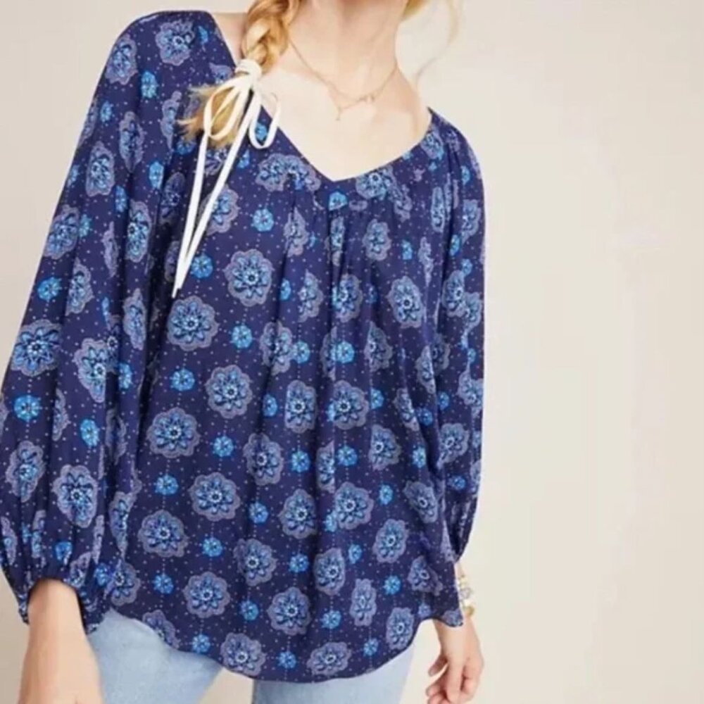 Maeve | Anthropologie Oversized Viscose Blue Floral Boswell Peasant Blouse | 2